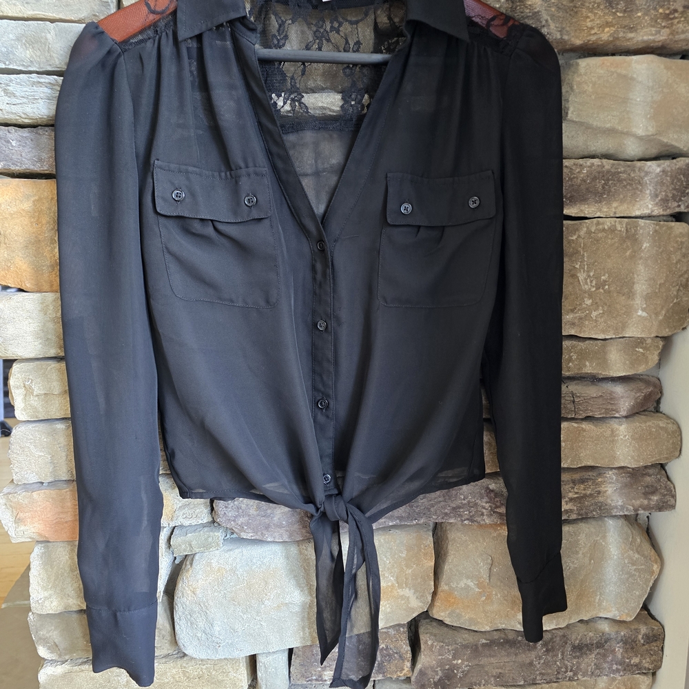 Candie's Beautiful XS Dark Black Sheer Tie-Front "V-Neck" Blouse, Back Top Lace!